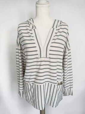 MELLO DAY Cream Navy Striped Long Sleeve Tunic Hoodie Size Medium